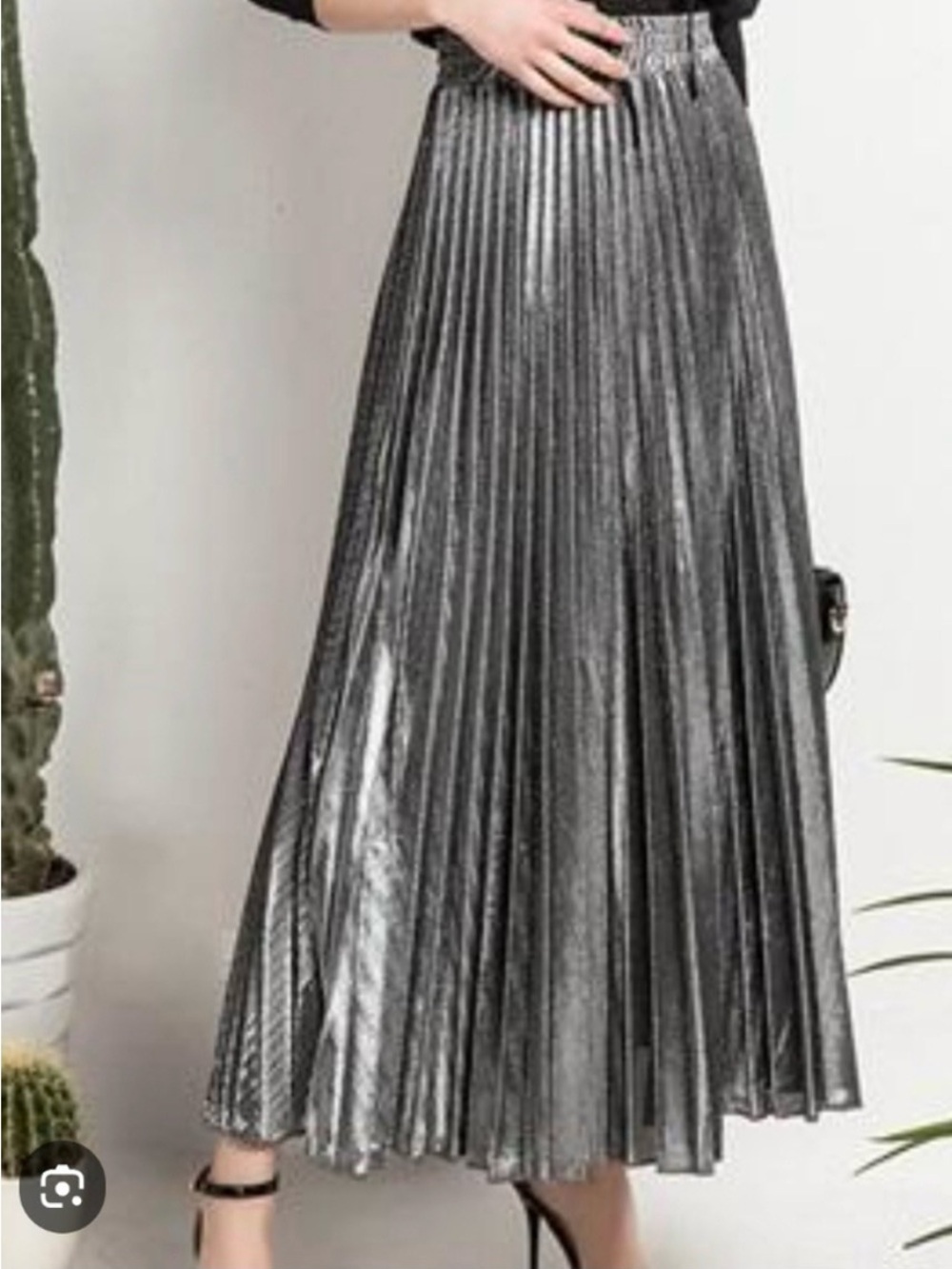 Metallic Pleated Maxi Skirt in Silver